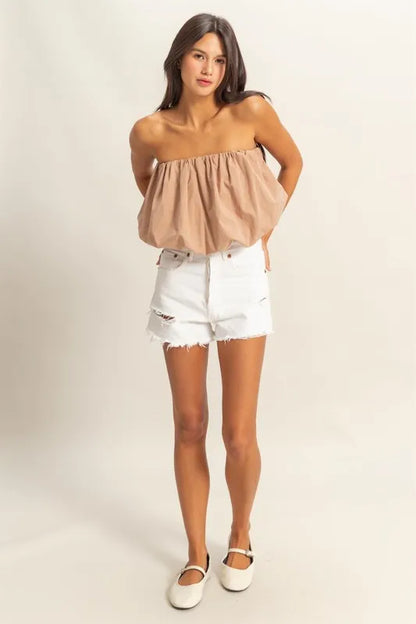 Trendy Strapless Bubble Top, Taupe