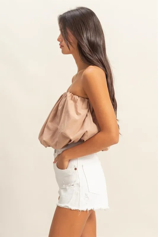 Trendy Strapless Bubble Top, Taupe