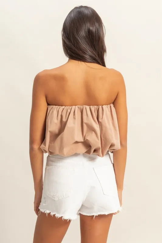 Trendy Strapless Bubble Top, Taupe