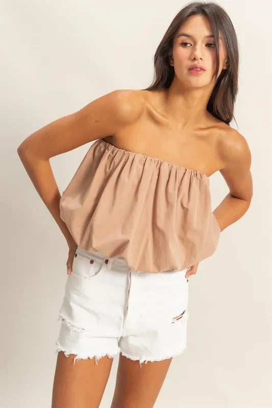 Trendy Strapless Bubble Top, Taupe