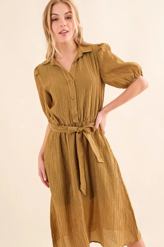 Waffle Textured Ribbon Waist Midi Dress