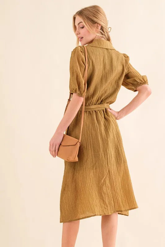 Waffle Textured Ribbon Waist Midi Dress