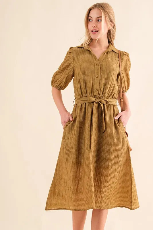 Waffle Textured Ribbon Waist Midi Dress