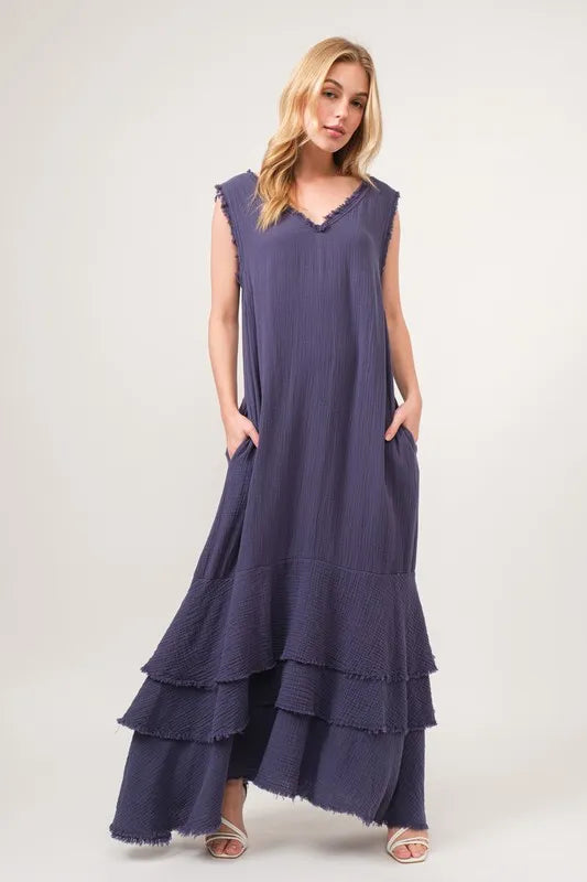 Washed Cotton Gauze Fringe Detail Tiered Dress-Maxi Dress-Reef Love