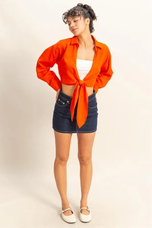 Washed Tie Front Crop Top, Tomato