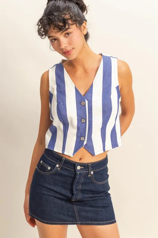 Woven Striped V-Neck Button Down Vest, Blue and White