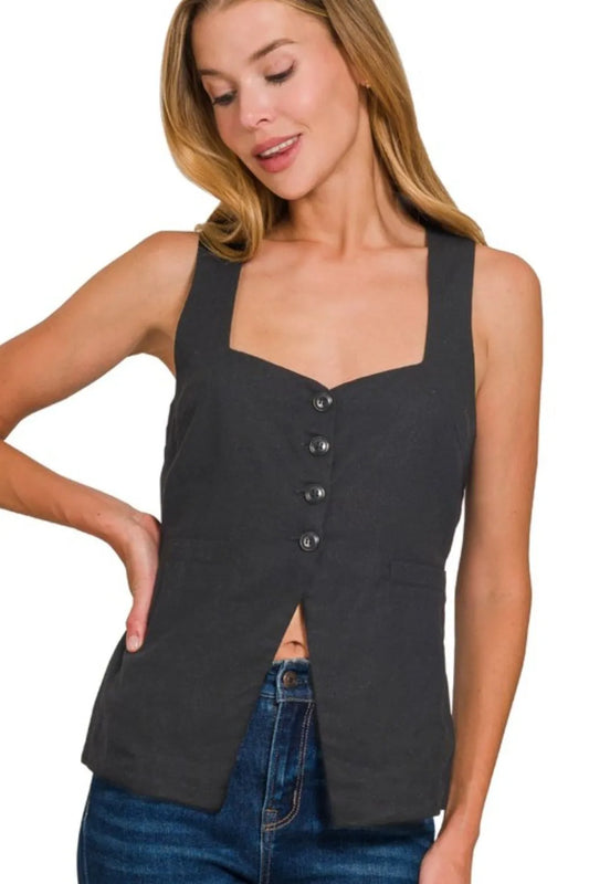 Zenana Linen Tie-back 4-button Vest with Lining