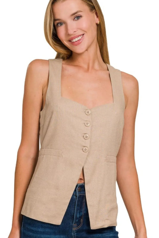 Zenana Linen Tie-back 4-button Vest with Lining