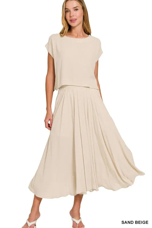 Zenana Woven Crinkle Gauze Crop Tee and Skirt Set, Sand Beige