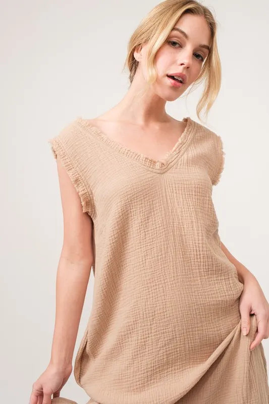 And The Why Washed Cotton Gauze Fringe Detail Tiered Dress-Maxi Dress-Reef Love