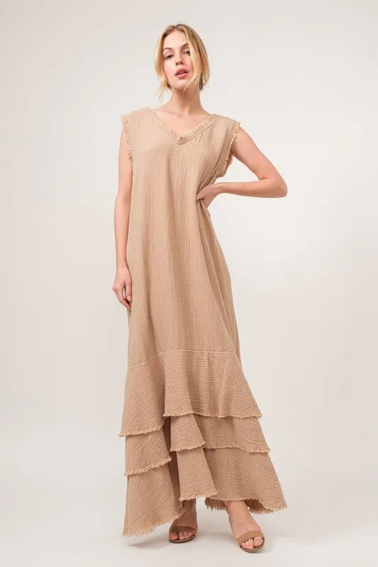 And The Why Washed Cotton Gauze Fringe Detail Tiered Dress-Maxi Dress-Reef Love