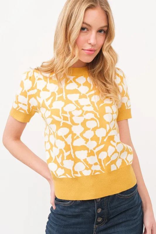And The Why Short Sleeve Leaf Pattern Knit Top-Knit Short Sleeve Sweater-Reef Love