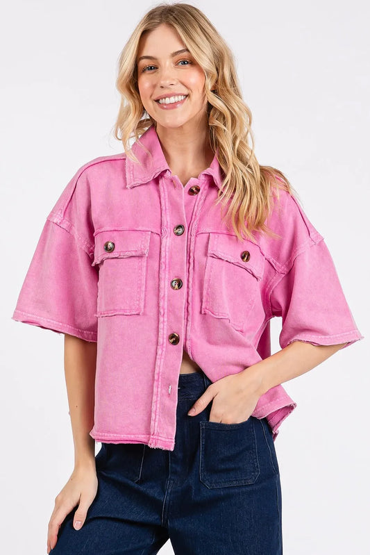 Mineral Wash Boxy Short Sleeve Button Down Shirt-Button Down Shirt-Reef Love
