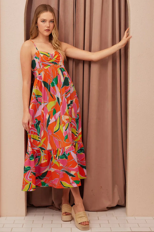 Multicolor Leaf Print Tie Back Maxi Dress in Orange-Maxi Dress-Reef Love