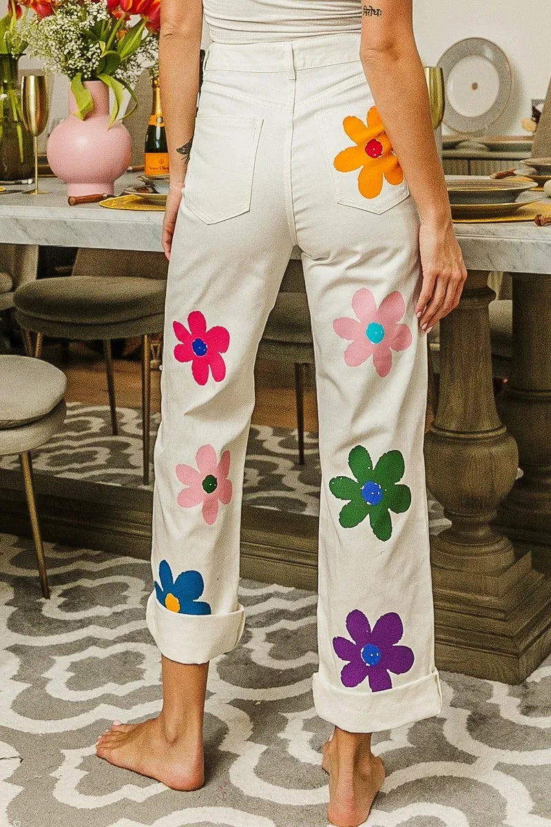 BiBi Flower Print Straight Legs Pants-pants-Reef Love