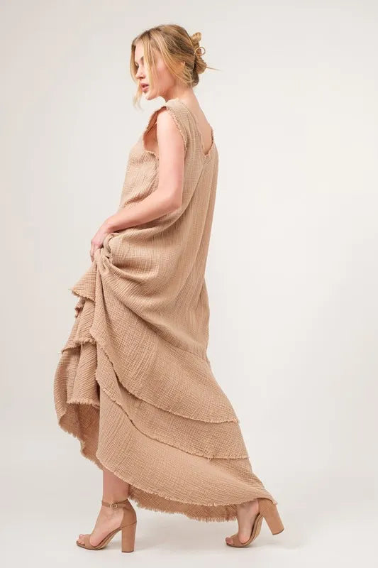And The Why Washed Cotton Gauze Fringe Detail Tiered Dress-Maxi Dress-Reef Love