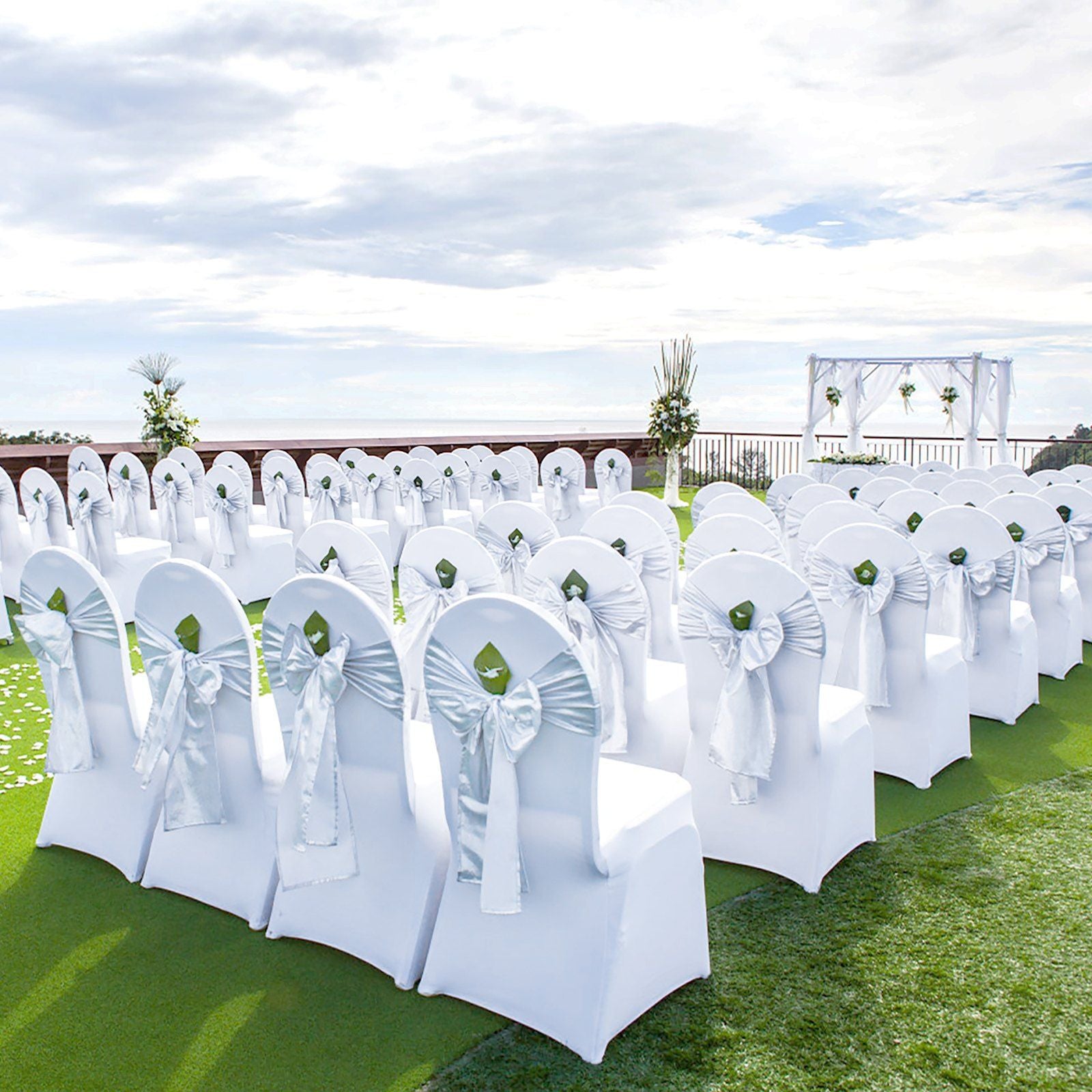 white spandex stretch wedding chair covers in bulk sold by Reef Love