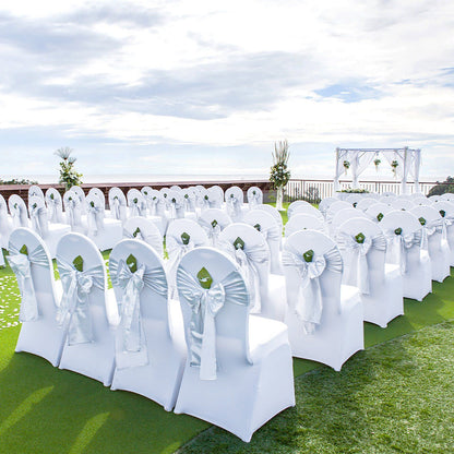 white spandex stretch wedding chair covers in bulk sold by Reef Love