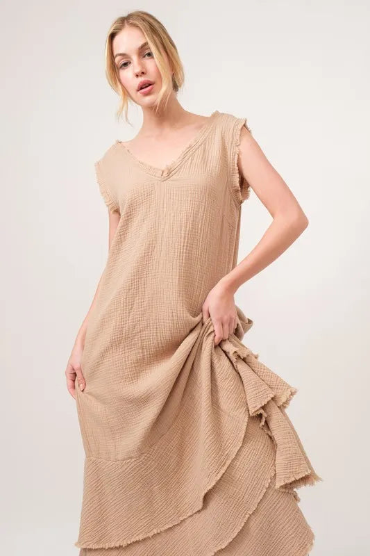 And The Why Washed Cotton Gauze Fringe Detail Tiered Dress-Maxi Dress-Reef Love