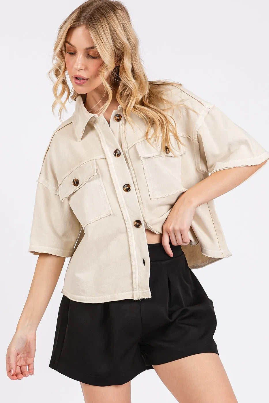 Mineral Wash Boxy Short Sleeve Button Down Shirt-Button Down Shirt-Reef Love