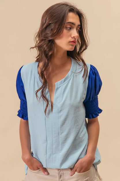 Air Flow Color Block Puff Sleeves V Neck Top-Shirt-Reef Love